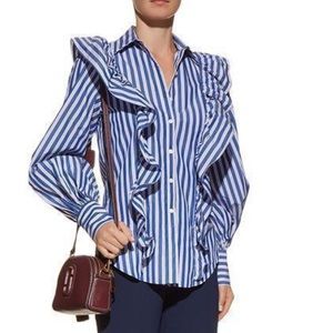Petersyn Lowry Blouson Sleeve Poplin Top in Blue Stripe